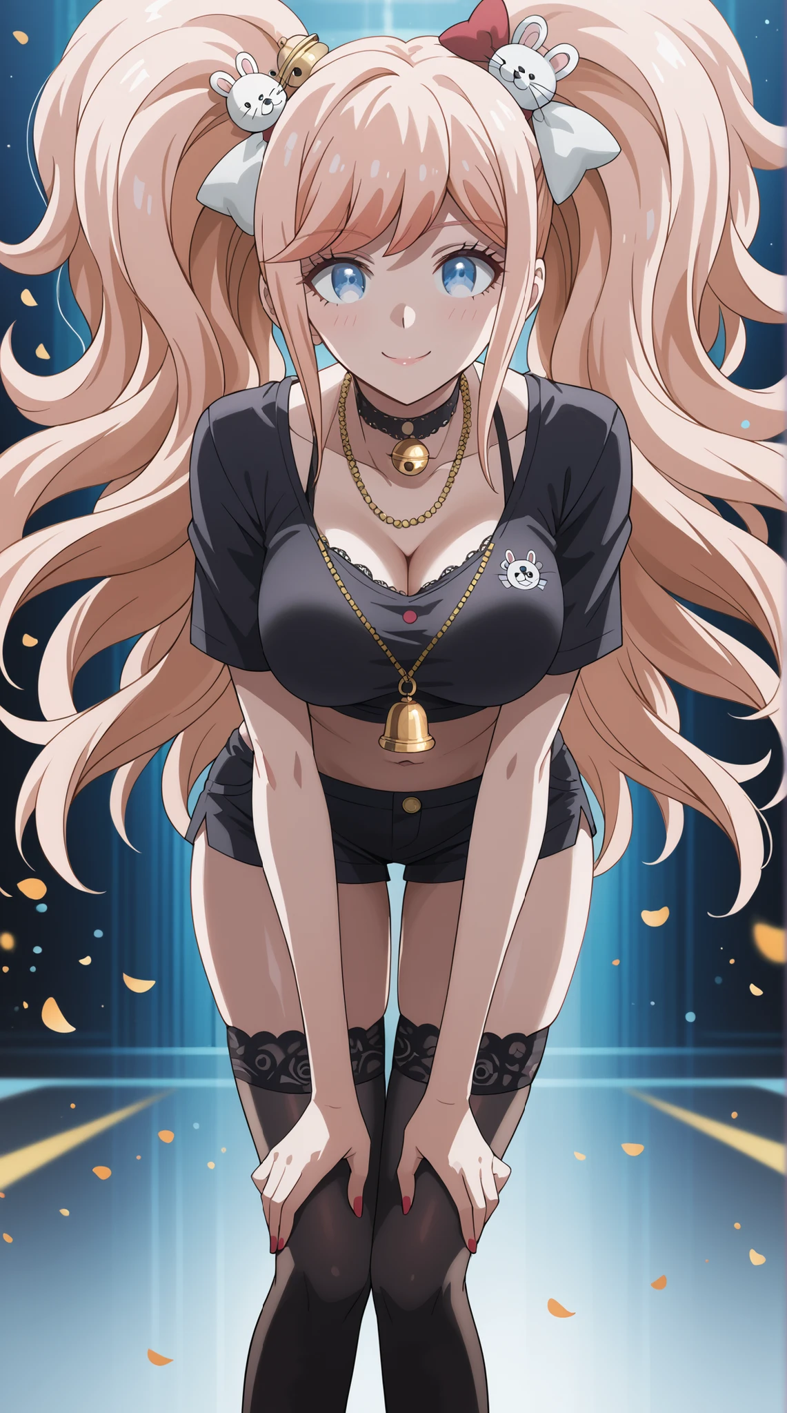 score_9, score_8_up, score_7_up, source_anime, 4K,perfect fingers,(perfect hands, perfect anatomy),prefect lighting, very aesthetic, intricate details,highly detailed background, masterpiece, high quality, best quality,
1girl, junko enoshima, long hair, bangs, blue eyes, pink hair, hair ornament, twintails, bear hair ornament, Large Breast,
wearing ((black crop top, black choker necklace with a gold bell-shaped pendant, black thigh-high stockings, )),
A sagging breast, smile, seated , ((leaning forward:1.3)),