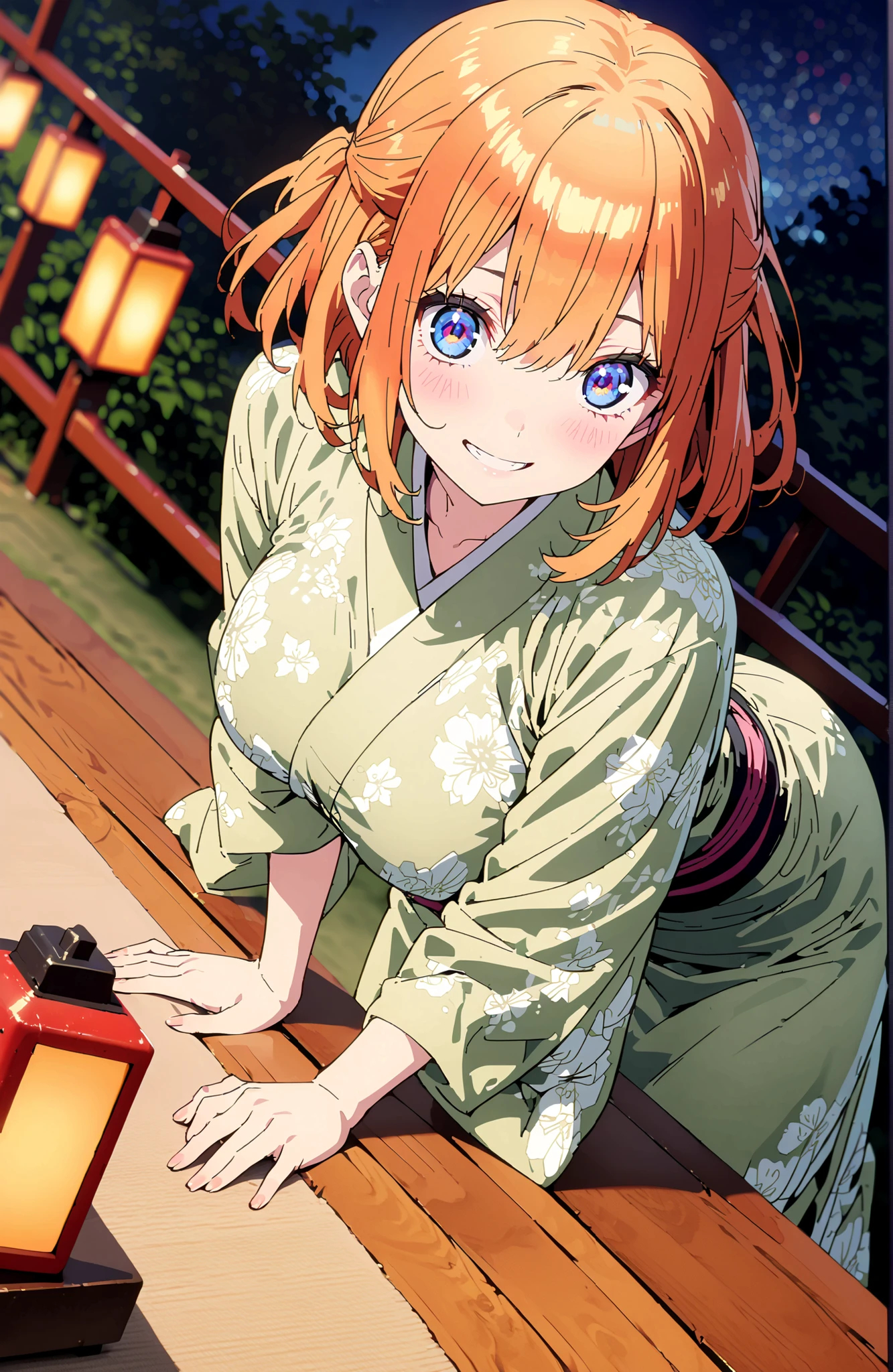 中野四葉, short hair, bungs, solo,blue eyes, o, orange hair that gets down to the knee, Eyebrows hidden by hair, half up do, Big Breasts,Green floral kimono,Light up fireworks,turns around,smile,cover,grinning,standing,night,Red Lantern,full bodyがillustrationsに入るように,break outdoors, Japanese Festival,
break looking at viewer,full body,
break (masterpiece:1.2), Best Quality, high resolution, Unity 8k 壁紙, (illustrations:0.8), (beautiful detailed eyes:1.6), very detailed face, perfect lighting on the table, extremely detailed CG,(perfect hand, Perfect Anatomy),