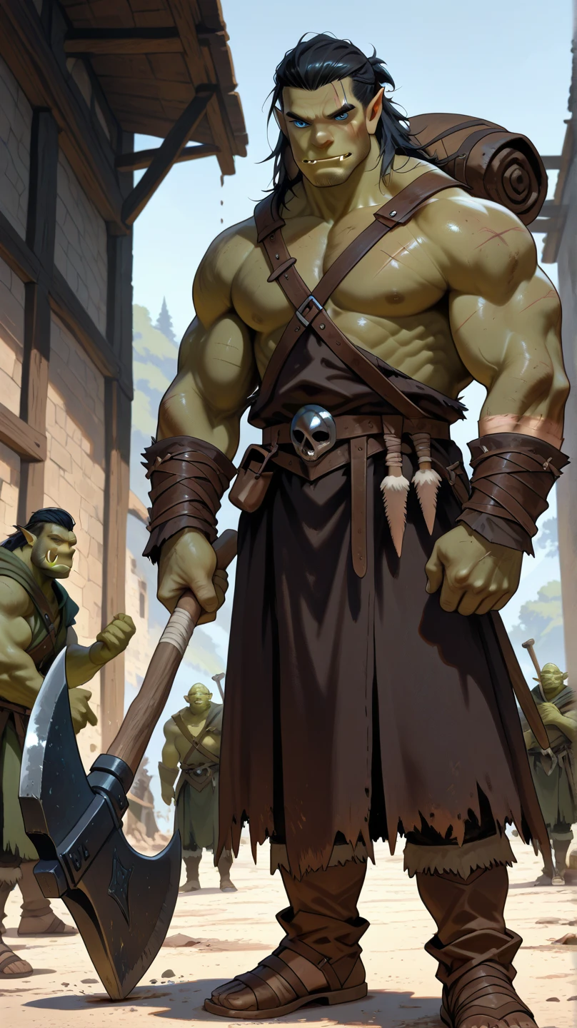Medieval fantasy Human prisoners in an Orc village breaking down a freshly hunted boar for the tribe to cook later. Pale green skin. Sweat. Muscles. Dirt. Worn clothes. Torn clothes. Worn and torn shirt. Bloody hands. Blood stained clothes. Prominent mouth tusks. Crotch bulge. Bulging crotch. Growing muscles. Round ears. Drooling over raw meat. "Meat ... hungry.... Eat...." Brute. Assimilation.