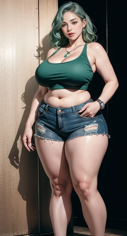 photorealistic, high resolution, soft light,1women, solo, wide hips, (detailed face),tattoo, jewelry, , , blue and green hair Color , (closeup), wide angle,, (busty), armpit , Slightly fat belly, large breasts, full body angle, 80 years old woman , thick thighs , thick arms , standing in dark rooms, short pants, wearing a three bracelet, wearing two diamond necklace , wearing a watch, wearing airmax shoes , japanese goddess, wavyshort hairstyle, fat belly, thick fat belly, thick wide hips, thick arm, bbwchan, massive arm, full body,