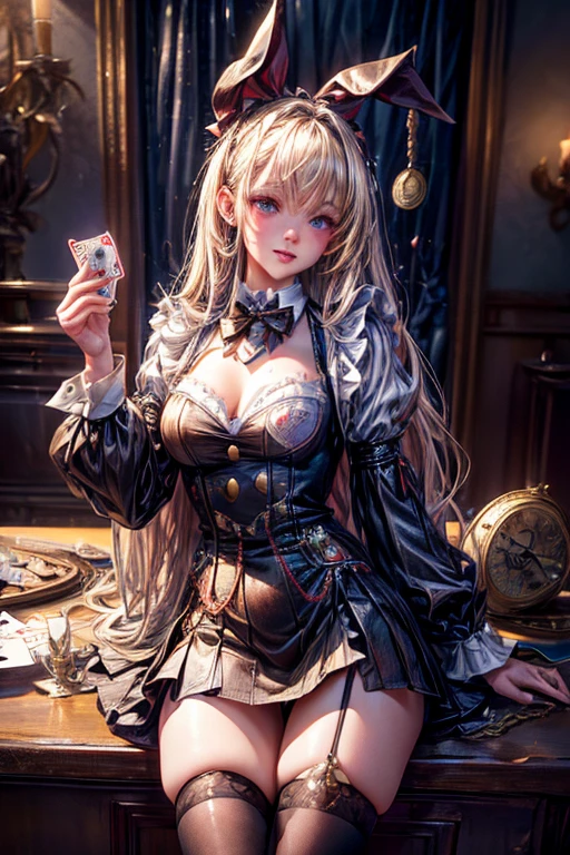 4K, Realistic,Very detailed,Bunny ears、((hair over one eye)),Bunny girl、Big Breasts、Soft Theme,Age 25、smile、(((Alice in Wonderland World)))、((Pocket watch))、(Black tuxedo-like miniskirt dress)、Thigh-high stockings、((Playing cards))、((Delicate painting)),(Detailed RAW photos of girls), (Masterpiece:1.25), (Highest quality:1.6), (Ultra-high resolution:1.5), (Realistic:1.75), 8K resolution,:1.6), Canon EOS R5, 50mm,Very detailedな,Cinema Lighting