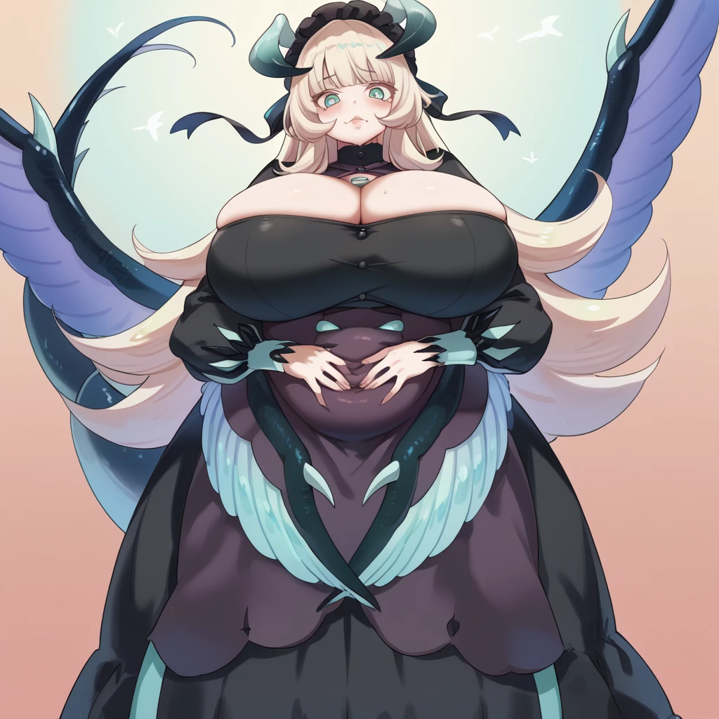 Master, high quality, ((best quality)), beautiful, HD, perfect lighting, (detailed face), (detailed body), ((1girl)), ((solo)), (((chubby))), ((fat)), ((tummy bulge)), ((((big belly)))), plump, belly, she has gained weight, (stretched out belly), ((full belly)), (((bloated))), bright purple hair, long hair, green eyes, (blue sweater), black pants, (purple butterfly wings on her back), top heavy, large breasts, hair band,