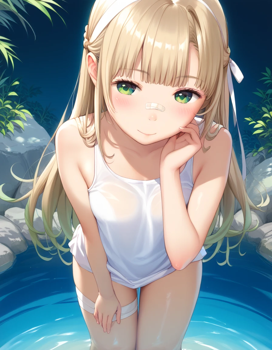 score_9, score_8_Excellent, score_7_Excellent,sauce_anime, High-resolution images,masterpiece,Highest quality,girl,Cute Face,Beautiful Skin,Shiny Hair,Highly detailed eyes,Simple Background, Jojiban, panties、Very young、Baby Face、spring、water、Floating grass、sweets