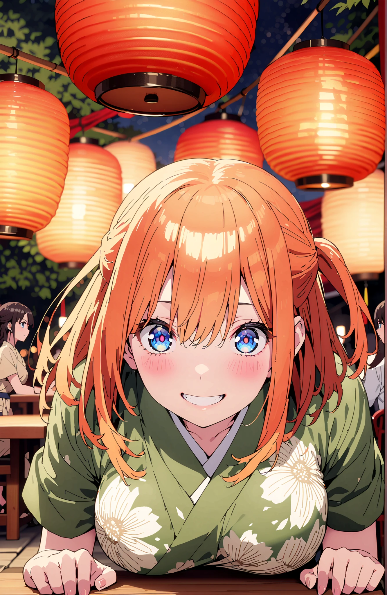 中野四葉, short hair, bungs, solo,blue eyes, o, orange hair that gets down to the knee, Eyebrows hidden by hair, half up do, Big Breasts,Green floral kimono,Light up fireworks,turns around,smile,cover,grinning,standing,night,Red Lantern,full bodyがillustrationsに入るように,break outdoors, Japanese Festival,
break looking at viewer,full body,
break (masterpiece:1.2), Best Quality, high resolution, Unity 8k 壁紙, (illustrations:0.8), (beautiful detailed eyes:1.6), very detailed face, perfect lighting on the table, extremely detailed CG,(perfect hand, Perfect Anatomy),