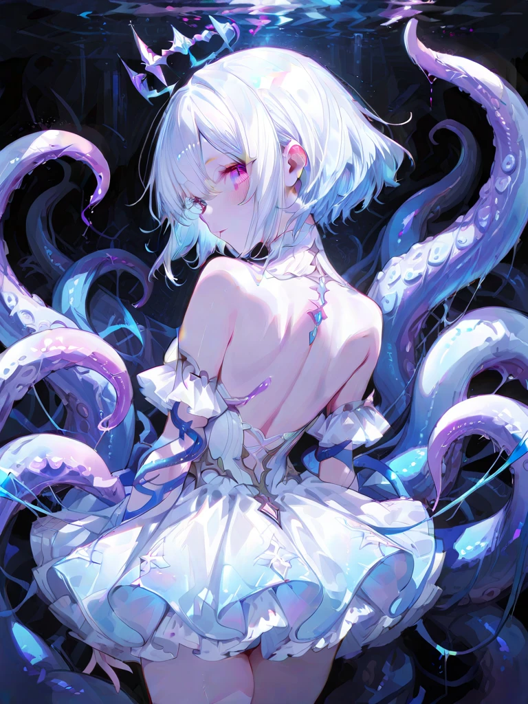 [Female Main Character[1 girl in, no smile, sparkling navy orange eyes, (deep glay hair) , big breast, (masutepiece:1.2, Best Quality), (finely detailed beautiful eye: 1.2), (beautifull detailed face), (Best Illumination, extremely delicate and beautiful),  shoulder length hair , collarbone, black dress,]], [background [Deep in the expanses of the universe, The Dark God Awakens, Cthulhu, Ancient ones, With tentacles that make the heart tremble. A being with immeasurable power, Beyond human comprehension, Emerging from the abyss, The Ascension of the Universe. Imbued with grotesque forms and madness, Cthulhu, Great Old One, There is a planet in the middle, tentacles in universe, lovecraftian inspiration, Lovecraftian cosmic fear, lovecraftian hellscape, fantasy and cosmic horror movie, Lovecraftian atmosphere, lovecraftian, a planet in open space, ]]