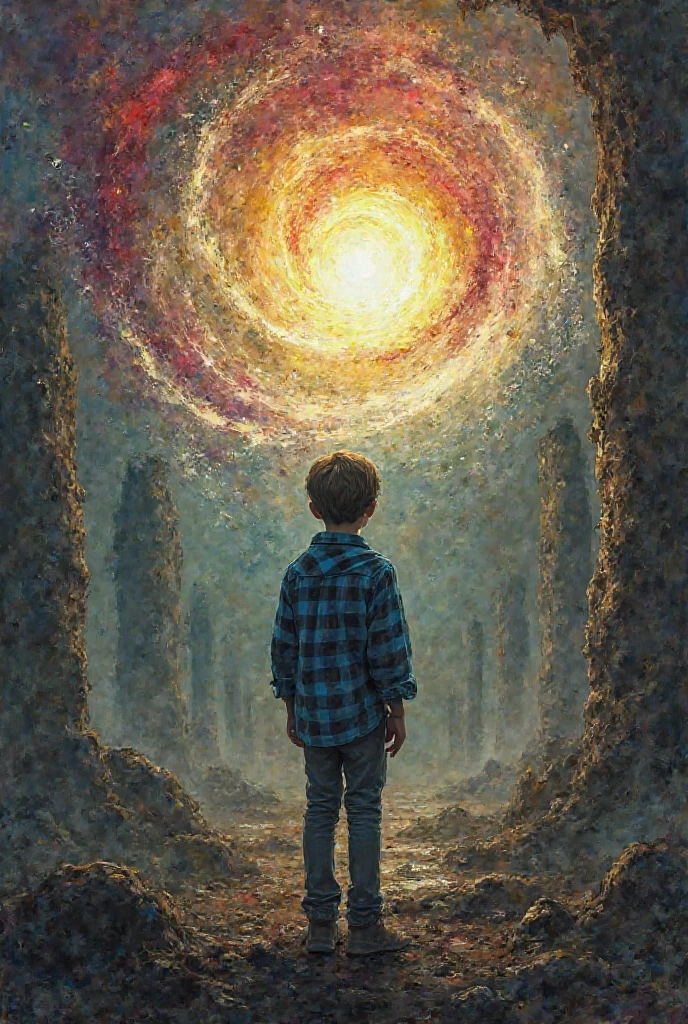 Create a figurative image for a painting of  A dramatic painting where the boy finally speaks. The world around him seems to pause, and his words are visualized as powerful, glowing symbols or waves breaking through the noise.