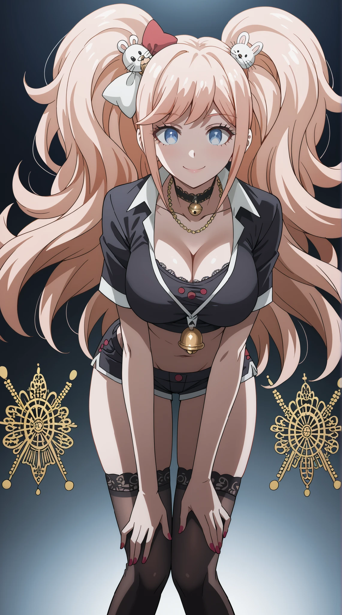 score_9, score_8_up, score_7_up, source_anime, 4K,perfect fingers,(perfect hands, perfect anatomy),prefect lighting, very aesthetic, intricate details,highly detailed background, masterpiece, high quality, best quality,
1girl, junko enoshima, long hair, bangs, blue eyes, pink hair, hair ornament, twintails, bear hair ornament, Large Breast,
wearing ((black crop top, black choker necklace with a gold bell-shaped pendant, black thigh-high stockings, )),
A sagging breast, smile, seated , ((leaning forward:1.3)), Dark gray background,