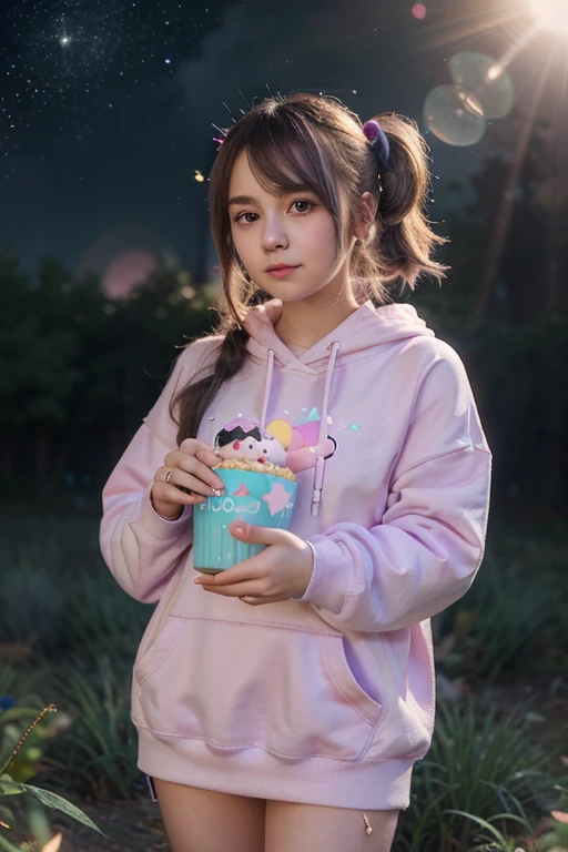 Masterpiece, 4K, bokeh, 55mm, F=1.2, Beautiful girl, (Japanese idle:1.6), (Cat ears:1.3), Light brown eyes, soft hair, (The background features soft light particles and subtle bokeh effects:1.6), Looking at the viewer, Closeup, Hold heart shaped baloon, (Pink and brack and white cow pattern hoodie:1.4), (many Big Heart-shaped balloons:1.6), from below,
