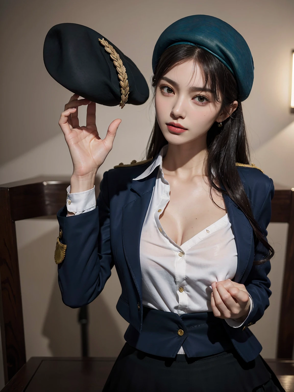 Thigh garter, Full body shot, sad, deep cleavage , kglamour_magv2, race_queen dressed in navy blue retro Prosecutor uniform, (steampunk background:.4), masterpiece, breathtaking, dramatic composition, ultra realistic, 100mm, Fujifilm XT3, Canon50 DSLR, sharp focus, hyperrealism, highly detailed, crisp edges