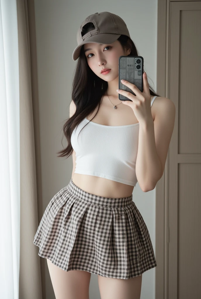 RAW photo, bokeh (realism: 1.4, realistic), high detail CG unified 8K wallpaper, 1girl, (HQ skin: 1.4), 8k uhd, dslr, front lighting, high quality, Fujifilm XT3, 21 years old female with long hair,((slim body, skinny, natural breast)),(((height:163cm))), ((wearing knit tank top, black short skirt,cleavage)),((take selfie)), (looking at viewer), ((ultra detailed room background))), ((full body:1.6))