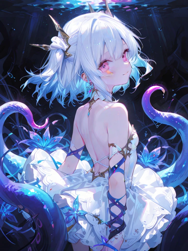 Best Quality, (cute petit girl:1.3), flat chest,Beautiful pink eyes、Lori、(Cuteness beyond limits),(White underwear),lovely thighs,is crying,a miniskirt,Expose panties、(Cute underwear:1.3) 、attacked by tentacles、attacked by tentacles、attacked by tentacles