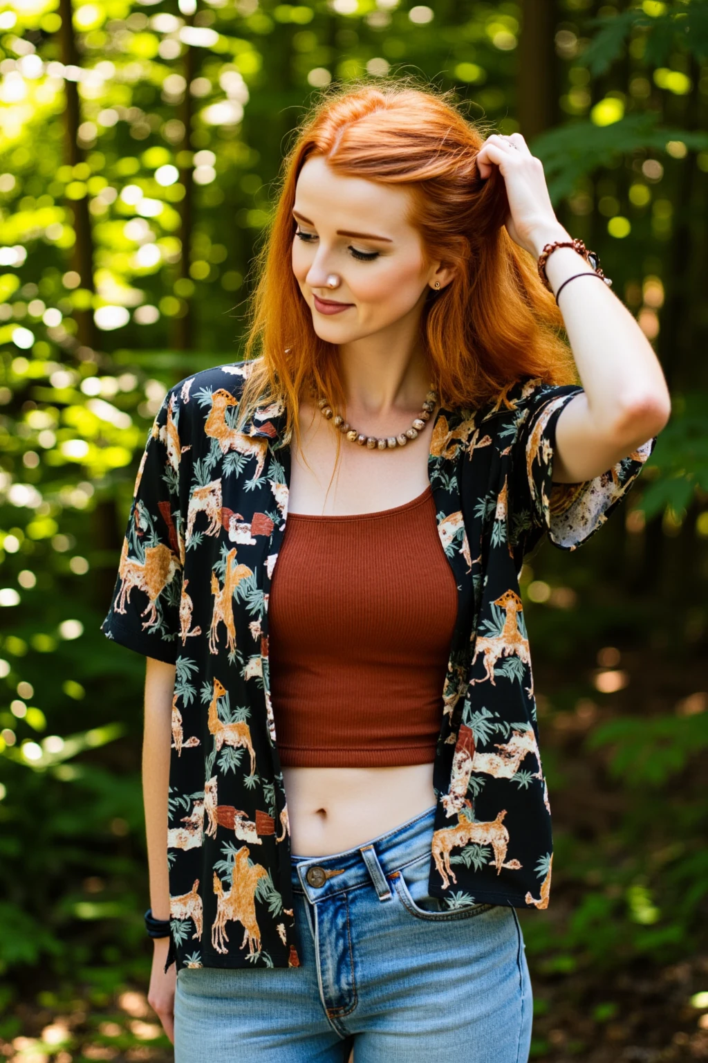 17 year old girl, Lovely, orange hair, Very short, Very curly, slim, flat bust, with freckles on the face, with slavic features, unknotting, leaning on tree, Whole body, two hands, shows her pretty legs, In the woods.