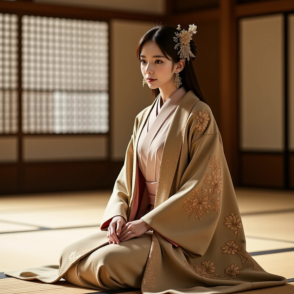 masterpiece, Highest quality,大きい胸、pink kimono、Cinematic atmosphere、Professional composition、Natural Body、fantasy,sitting in front of a golden screen、flower arrangement、tatami、looking at the camera、real