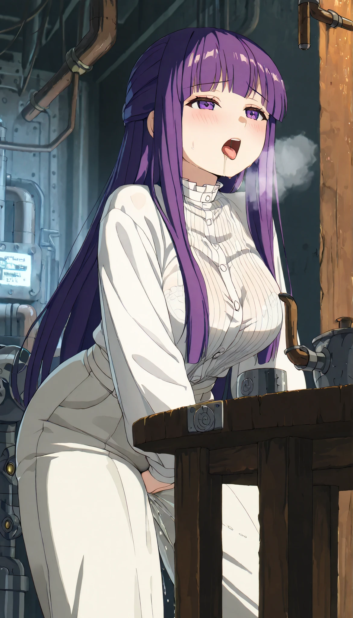 round big face, deep-blush, shame, open mouth, ((see-through)) (casual clothes), (((grinding her pants with against a corner of a small table))), tight-jeans pants, tongue, drooling, spread legs, (((moist breath))), brown, (squirting), ((masturbating)), lean forward, updo long hair,
A curvy woman in a tight-fitting outfit, see-through tight-shirt with big breasts and bra, soft body pressing against the fabric, her thick thighs barely contained, sensual expression, form-hugging pants stretching over her round belly, seductive pose, ultra HD, hyper-detailed, soft lighting, (((in the factory, machines, pipe, name plate))),