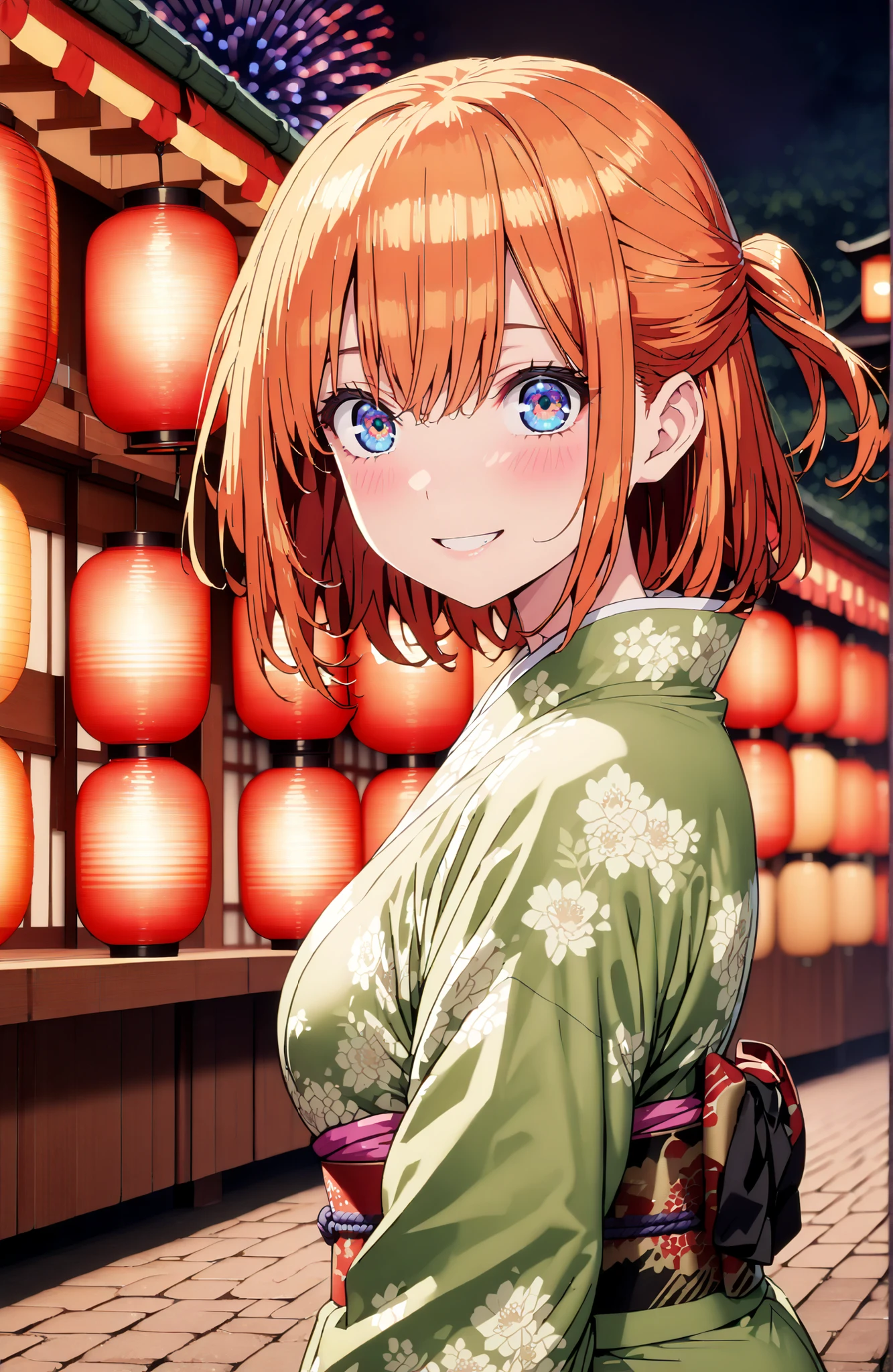  中野四葉, short hair, bungs, solo,blue eyes,  o, orange hair that gets down to the knee, Eyebrows hidden by hair, half up do, Big Breasts,Green floral kimono,Light up fireworks,turns around,smile,cover,grinning,standing,Japanese festival stall night,Red Lantern,full bodyがイラストに入るように,break outdoors,  Japanese Festival,
break looking at viewer,full body,
break (masterpiece:1.2), BEST QUALITY, high resolution, Unity 8Kの壁紙, ( illustration :0.8), (beautiful detailed eyes:1.6), very detailed face, PERFECT LIGHTING, highly detailed CG, (perfect hand, Perfect Anatomy),