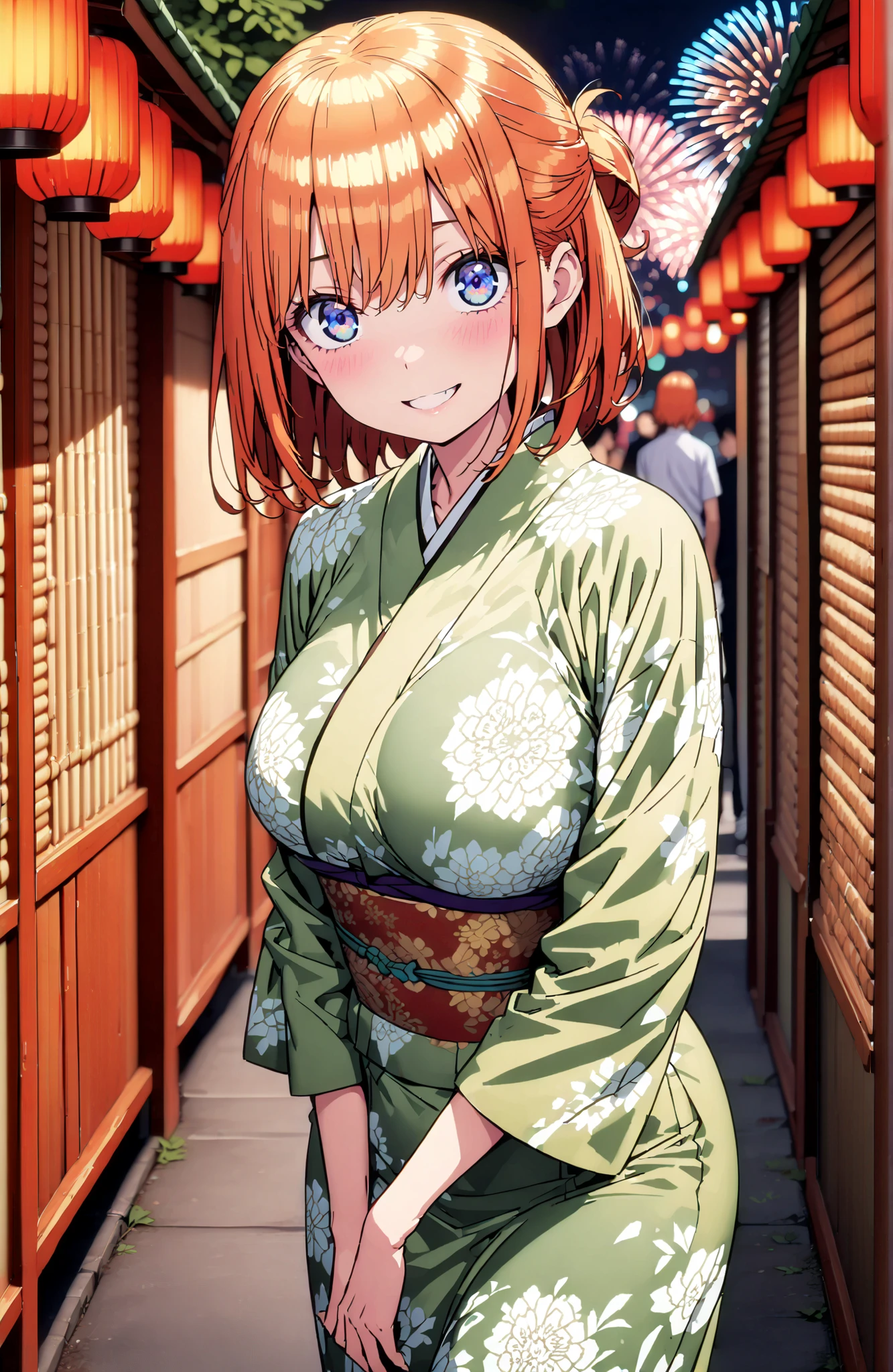  中野四葉, short hair, bungs, solo,blue eyes,  o, orange hair that gets down to the knee, Eyebrows hidden by hair, half up do, Big Breasts,Green floral kimono,Light up fireworks,turns around,smile,cover,grinning,standing,Japanese festival stall night,Red Lantern,full bodyがイラストに入るように,break outdoors,  Japanese Festival,
break looking at viewer,full body,
break (masterpiece:1.2), BEST QUALITY, high resolution, Unity 8Kの壁紙, ( illustration :0.8), (beautiful detailed eyes:1.6), very detailed face, PERFECT LIGHTING, highly detailed CG, (perfect hand, Perfect Anatomy),