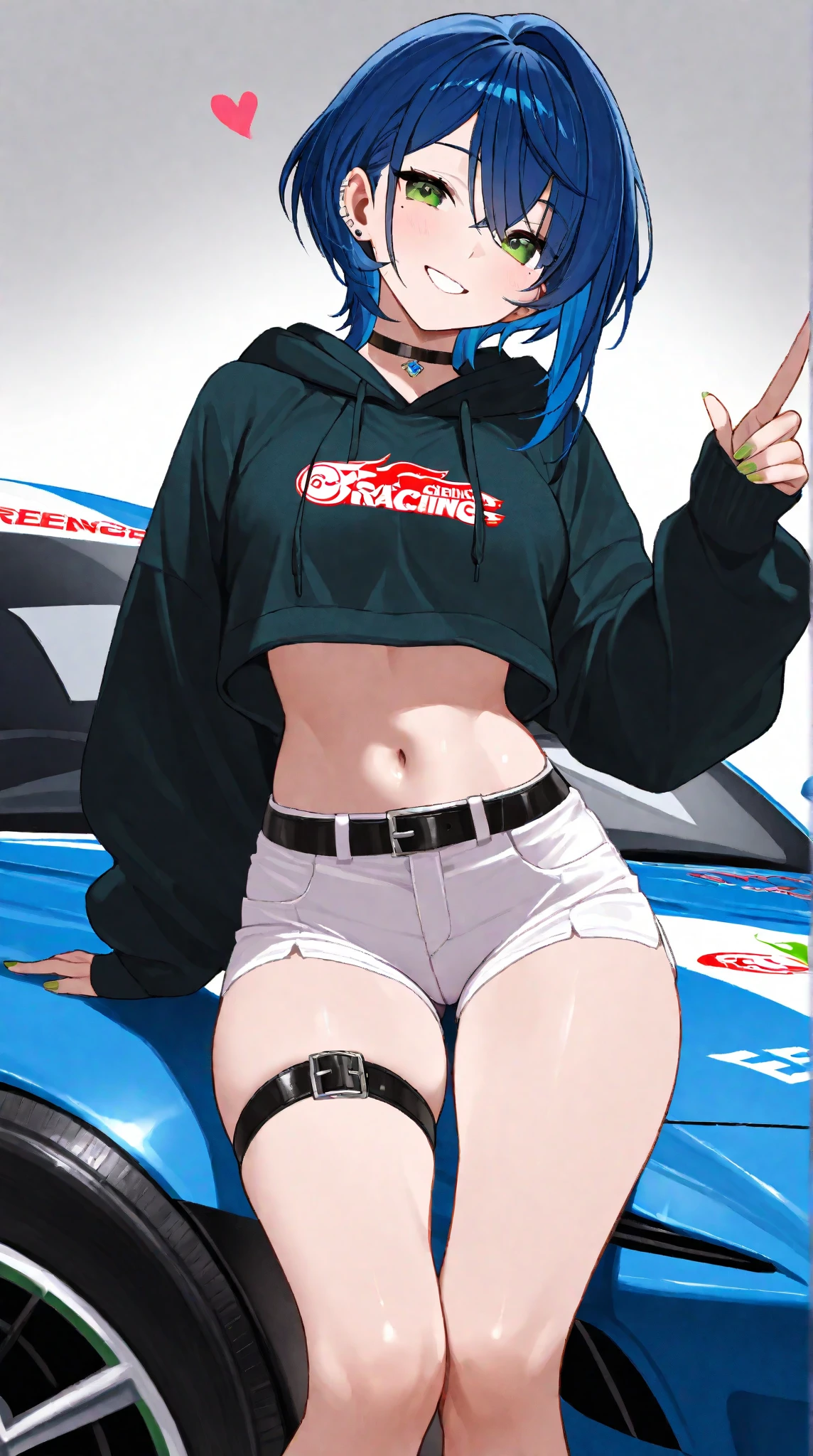 Matsuura kanan love live, long hair, ponytail, blue hair, purple eyes, gym bra, bike shorts, puffy crotch , skindentation , realistic art style ,sitting on a ferrari formula 1 car , (tongue out:1.2),one eye closed, smile , open mouth , moist tongue