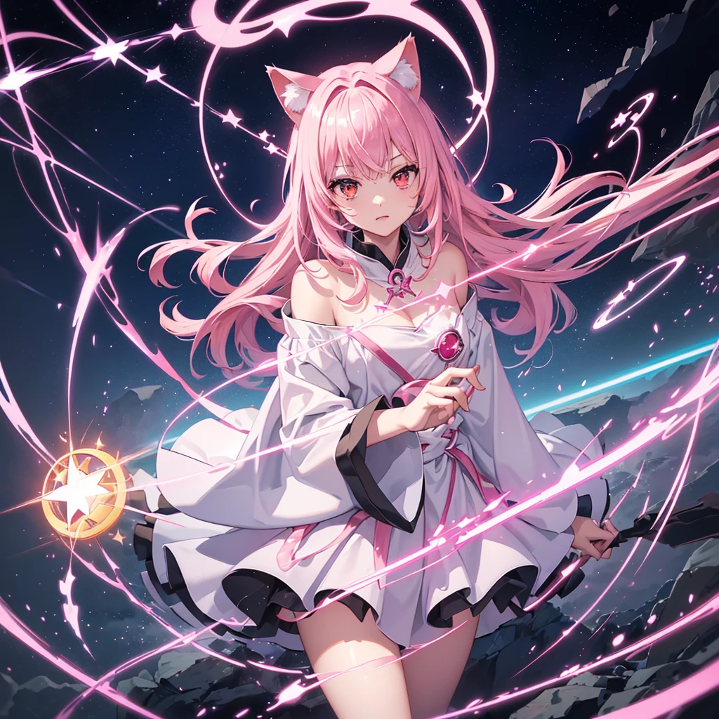 Anime girl, cat ears, pink hair, ice mage, white dress, icy landscape, cat ears, cleavage, breasts, sexy, cute, smooth animation style