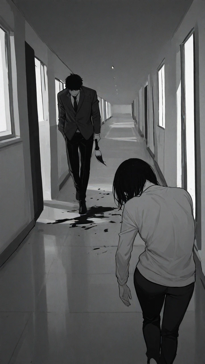 A man with black hair, black eyes, a sadistic face, covered in blood, holding a kitchen knife, wearing a chef's uniform. The person standing next to him was a man with brown hair, brown eyes, and his face looked frightened. wearing a black suit
