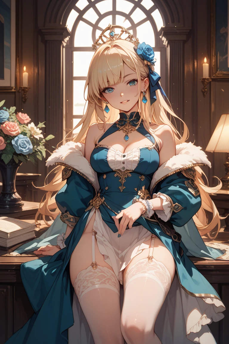 top-quality、Top image quality、masterpiece、Beautiful elf dressed in underwear((24 year old、Best Bust、big bast、Bust 90,beautiful blue long ironed hair、a blond、A slender、a closeup、hiquality、Beautiful Art、fireplace、Beautiful interior、masutepiece、visualart、depth of fields、、Elven ears、、light magic、、、Happy smile、Gentle light、、Beautiful legs that are gentle on the skin、welcome、、Number of fingers to achieve precise finger movements、gloves、ticker beautiful body、Mystical、クリスマス🎄🎅ルネサンスアート、Winters、snowflakes falling、inside in room、cleavage of the breast、sexly、The best smile、Underwear
