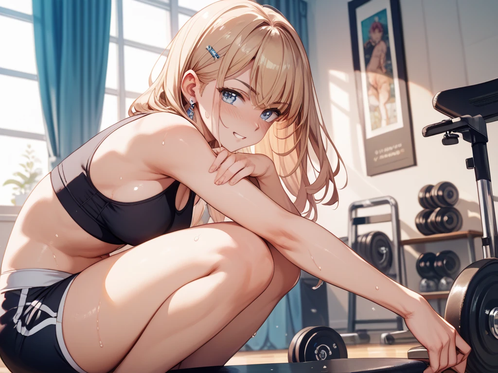 ponytail、Blonde、Nipples、tits、Athletics、Sports Bra、stockings、Open your legs while crouching、Perfect body
