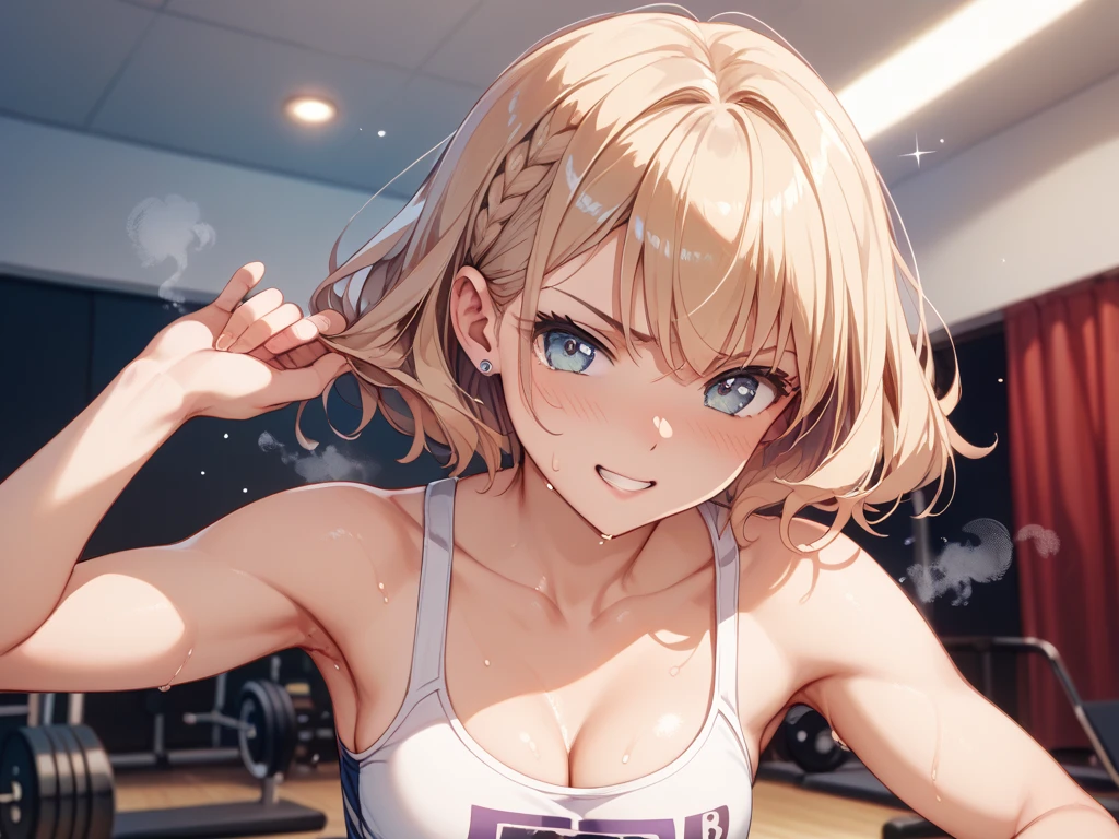 curren chan\(umamusume\), (((ultra-detailed face))), symmetrical face, (masterpiece), best quality, gym room, front, horse tail, drinking water, smile, (muscle), (abs:0.9), workout, (sports bra), medium tits