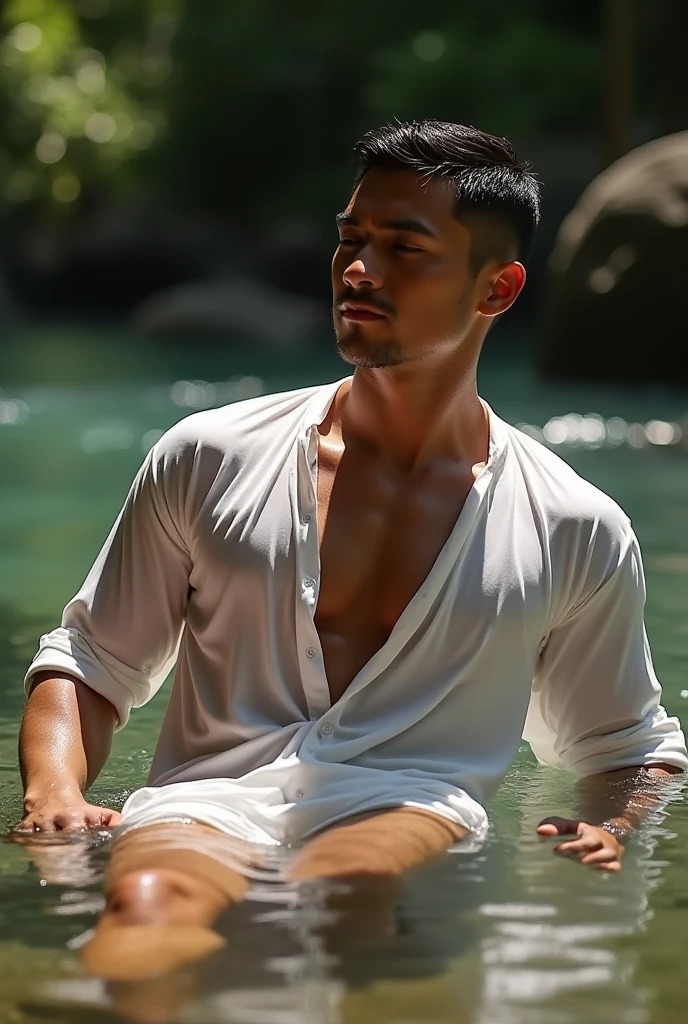 Cute face, Black hair, honey eyes, Full body, bare feet, Beautiful Onsen scenery, 1boy, glowing, steam smork, japan style, anime coloring, shy, Completely naked just Wearing white Tiny wet towel on waist, white silk, on Japanese Onsen, Fluffy chest, pink nipple, Curly hair , BLUSHING, SHY EXPRESION, blushing face, just Wearing wet white Tiny towel exposing his big bulge, very wet body, Hairy stomatch, very hairy abs, Very bushy hairy armpits, hairy pubic, hairy crotch, Super Realistic photography, PROUDLY SHOWING OFF HIS sexy body, Cute teen exposing his sexy nipple, DETAILED, Slim fit body, teenager, very cute boy face, 17 years old boy, sweat covering all over the body, Sweat dripping all over the body, Proudly showing off his sweaty very hairy armpits to audience, The colors are bright and vibrant, enhancing the overall aesthetic. The lighting is soft and natural, casting a soft glow on the face and body, don't merge body's, detailed eyes and lips, sixpack and fit body. Image quality is of the highest standard, with ultra-detailed features and a realistic appearance.