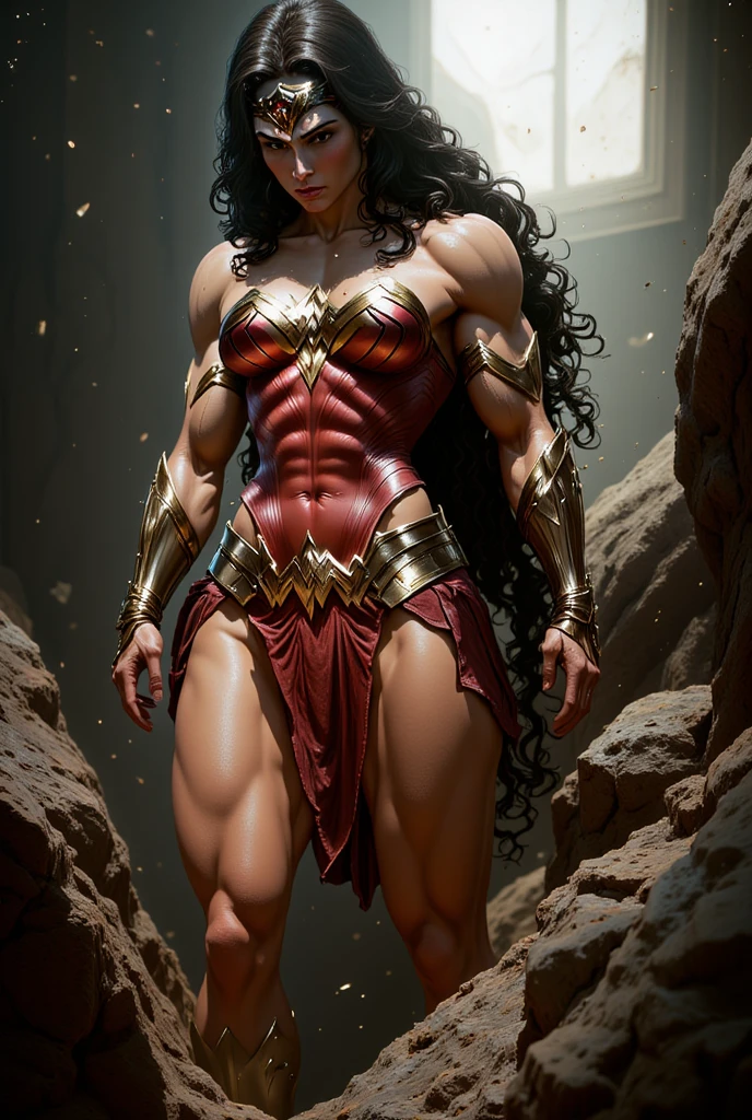Gal Gadot, Wonder Woman, 20 years old, natural hair, realistic portrait, 4k, supreme detail, highly detailed, smooth, sharp focus, cinematic lighting, facing the camera, dark studio, rim lighting, two-tone lighting, poorly lit, discreet, full body, ((NSFW)), (((accurate anatomy))), ((wide hips)), (((Huge breasts))), ((long legs)), (((Massive Female Bodybuilder))), ((((Muscular Legs)))), (((((Huge Muscles))))), sexy pose, back looking at the viewer, with detailed and proportional feet and hands, showing movement and expression,  standing, ancient greek ruins, lake, trees,