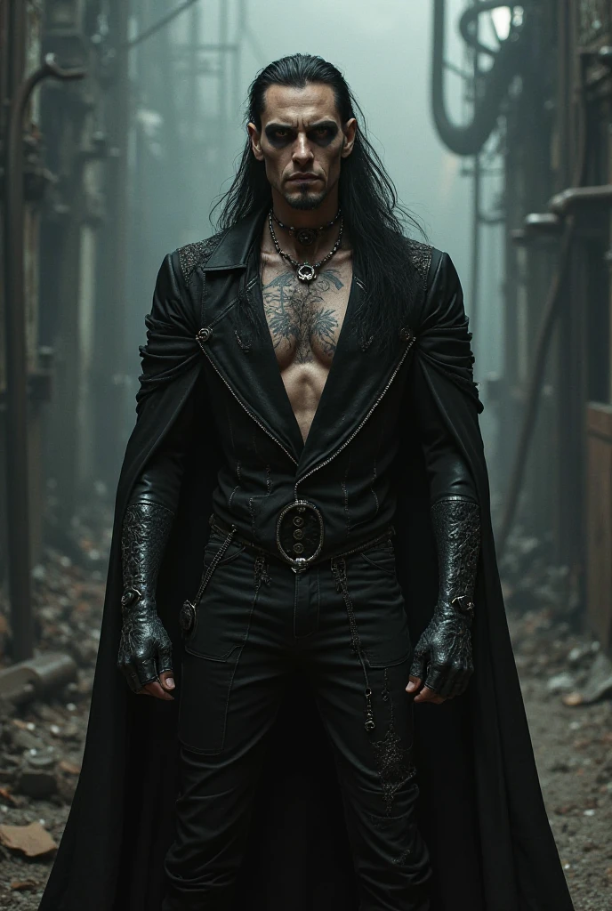 Four eye, well built, male demon, with long horns, black long hair, with a hood over head, with a see through black top, with black pants, black boots, demonic tattoos, and a black spiked choker