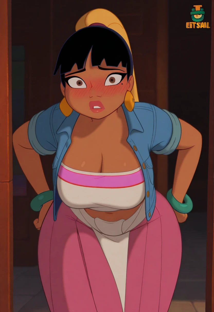 <lora:Frida Puga Casagrande:0.7> (2d cartoon:1.1), anatomically correct, masterpiece, best high quality, ultra details, realistic, RAW Photo, perfect anatomy, 4k, 8k, quality lighting, detailed hands, detailed eyes, (solo:1.2), Frida Puga Casagrande, pear-shaped, woman, (white short top:1.2), (dark blue short skirt:1.2), hooker, long white socks, black shoes, (pigtails black hair:1.1), brown skin, purple eyeshadow, (unibrow:1.1), long nose, big breasts, side view,  (top view:1.1), think thighs, breasts out, nipples, white panties, (all fours:1.2), lying on ground, sideboob, (presenting ass:1.3) <lora:BGV5EX:1> <lora:add_detail:1>