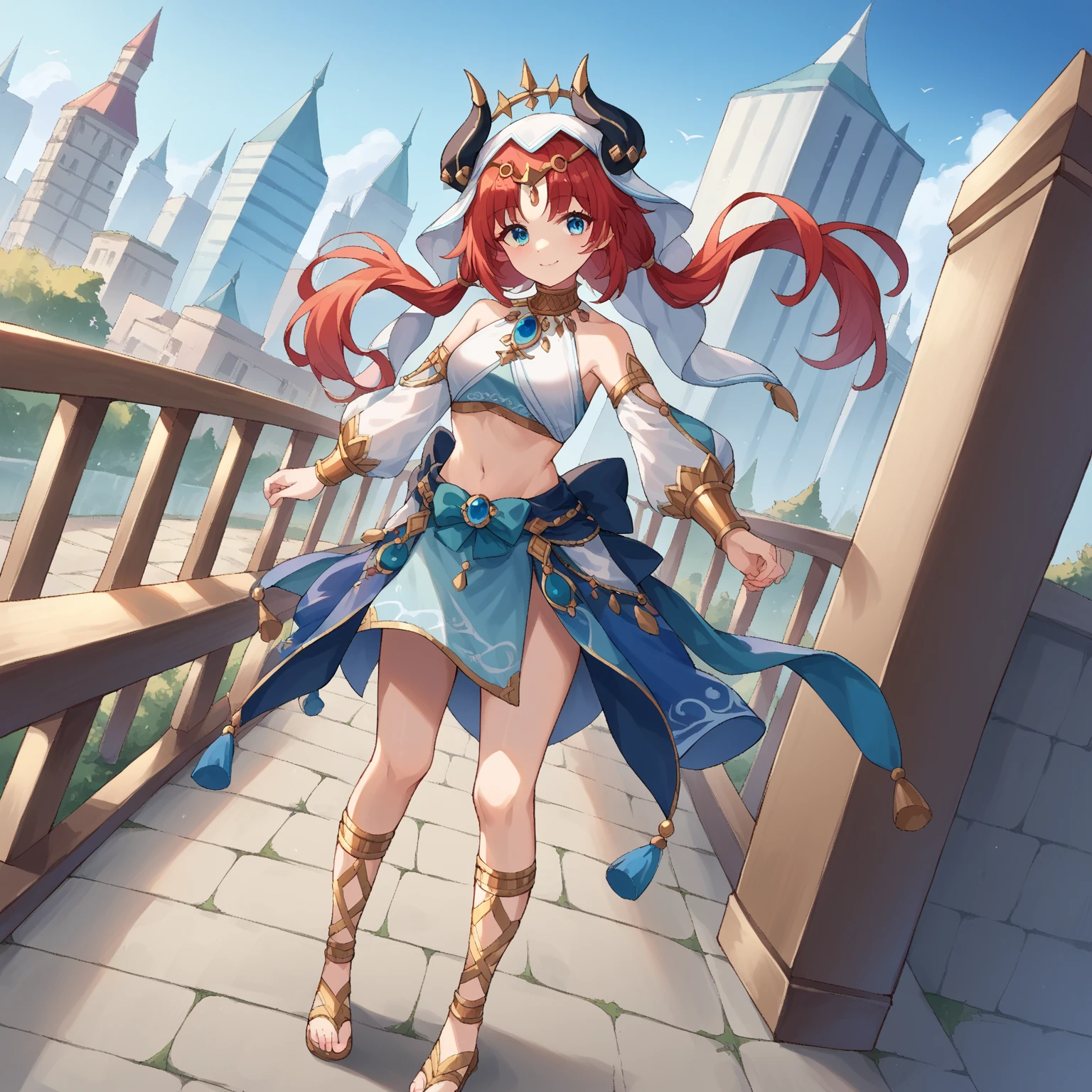 masterpiece, best quality, millenia, fake horns, red jacket, cleavage, corset, skirt, red thighhighs, high heels, one knee, from side, serious expression, sky, valley, wasteland <lora:millenia-nvwls-v1-000012:0.9>