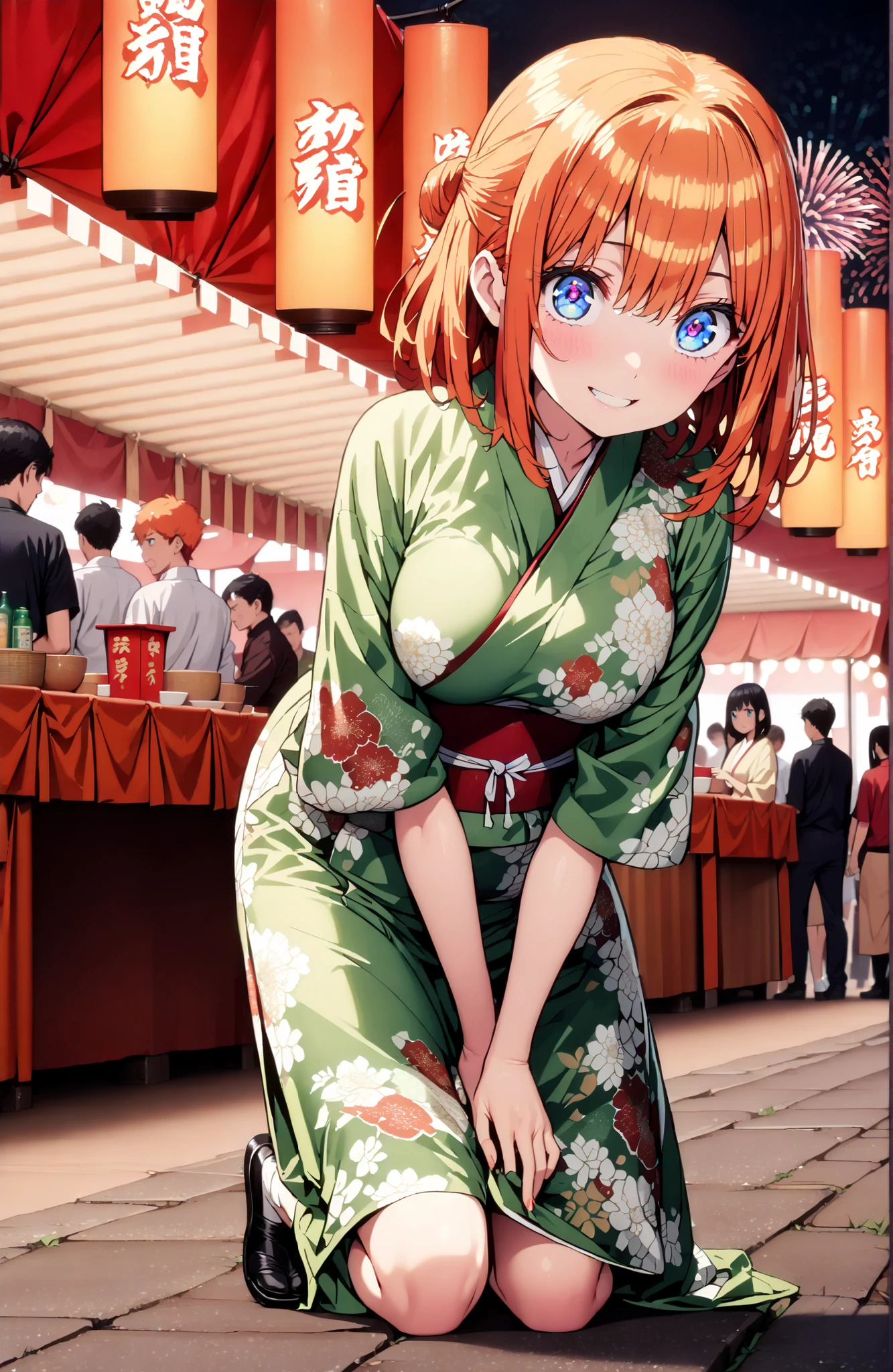 中野四葉, short hair, bungs, solo,blue eyes, o, orange hair that gets down to the knee, Eyebrows hidden by hair, half up do, Big Breasts,Green floral kimono,Light up fireworks,turns around,smile,cover,grinning,standing,Japanese festival stall night,Red Lantern,crowd,full bodyがイラストに入るように,break outdoors, Japanese Festival,
break looking at viewer,full body,
break (masterpiece:1.2), BEST QUALITY, high resolution, Unity 8Kの壁紙, ( illustration :0.8), (beautiful detailed eyes:1.6), very detailed face, PERFECT LIGHTING, highly detailed CG, (perfect hand, Perfect Anatomy),