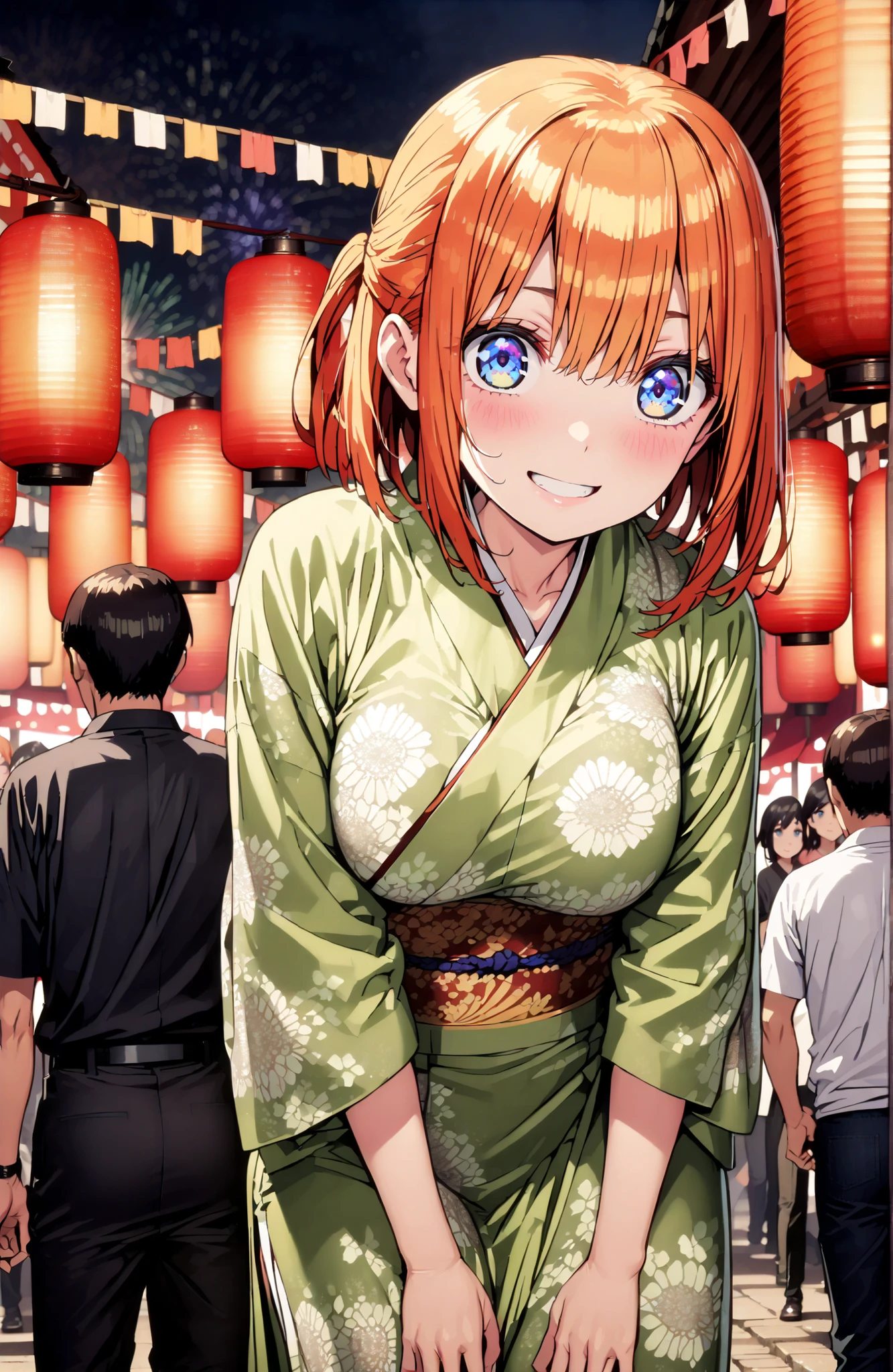  中野四葉, short hair, bungs, solo,blue eyes,  o, orange hair that gets down to the knee, Eyebrows hidden by hair, half up do, Big Breasts,Green floral kimono,Light up fireworks,turns around,smile,cover,grinning,standing,Japanese festival stall night,Red Lantern,crowd,full bodyがイラストに入るように,break outdoors,  Japanese Festival,
break looking at viewer,full body,
break (masterpiece:1.2), BEST QUALITY, high resolution, Unity 8Kの壁紙, ( illustration :0.8), (beautiful detailed eyes:1.6), very detailed face, PERFECT LIGHTING, highly detailed CG, (perfect hand, Perfect Anatomy),