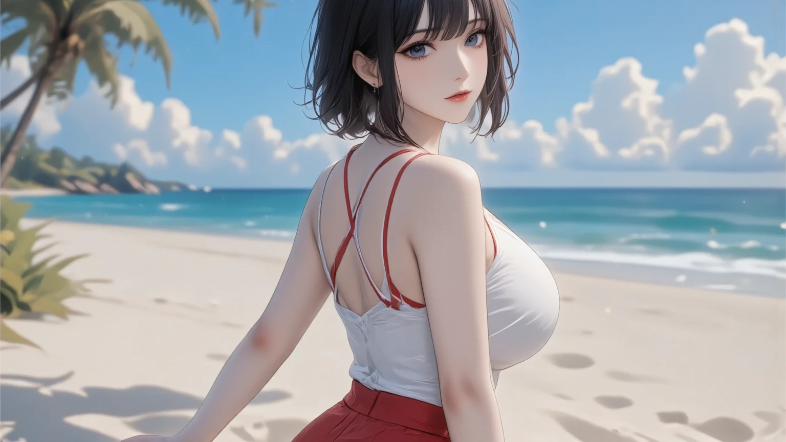 (A captivating beauty in a miniskirt)、(poses seductively)、(with a lighthouse as the backdrop)、(Big-breasted woman wearing a crop shirt) This enchanting image features a woman in a miniskirt who exudes confidence as she poses seductively against the backdrop of a towering lighthouse. The big-breasted beauty dons a crop shirt that leaves little to the imagination, accentuating her curvaceous figure. The lighthouse stands proudly in the background, casting an ethereal glow over the scene, while the woman's radiant smile captivates the viewer's attentio
