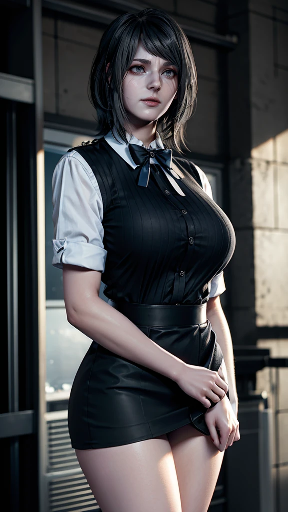 Focus: Mature Female

Appearance:

Body: Hourglass figure, thin waist, big perfect round breasts (avoid sexually suggestive phrasing)
Attire: Business outfit (formal jacket, necktie or tie, white shirt, high-waisted skirt, heels)
Style: Photorealistic, hyperrealistic (1.0)
Quality: Masterpiece, best quality
Details:
Face: Extremely detailed, perfect lighting, detailed eye makeup, nice features (eyes, hands)
Eyes: Nice, detailed, realistic pupils and iris (1.0) - Heavy eye makeup
Hands: Nice, perfect
Setting:

Background: Restaurant