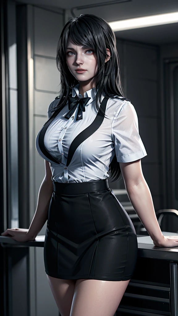masterpiece, Superior image quality, High resolution, 4k image,photo and gross, photorealistic, whole body, 1 girl, standing, pose sexy, {{{vagina}}}, big breasts, beautiful face, wolf ears, long black hair, blue eyes, very detailed eyes, seductive expression, draw smile, choker:1.6, (white long sleeve button down shirt with white collar), black gloves, gloves that cover hands, (shiny black leggings), Sensual Lips, View from the front, library, at daytime