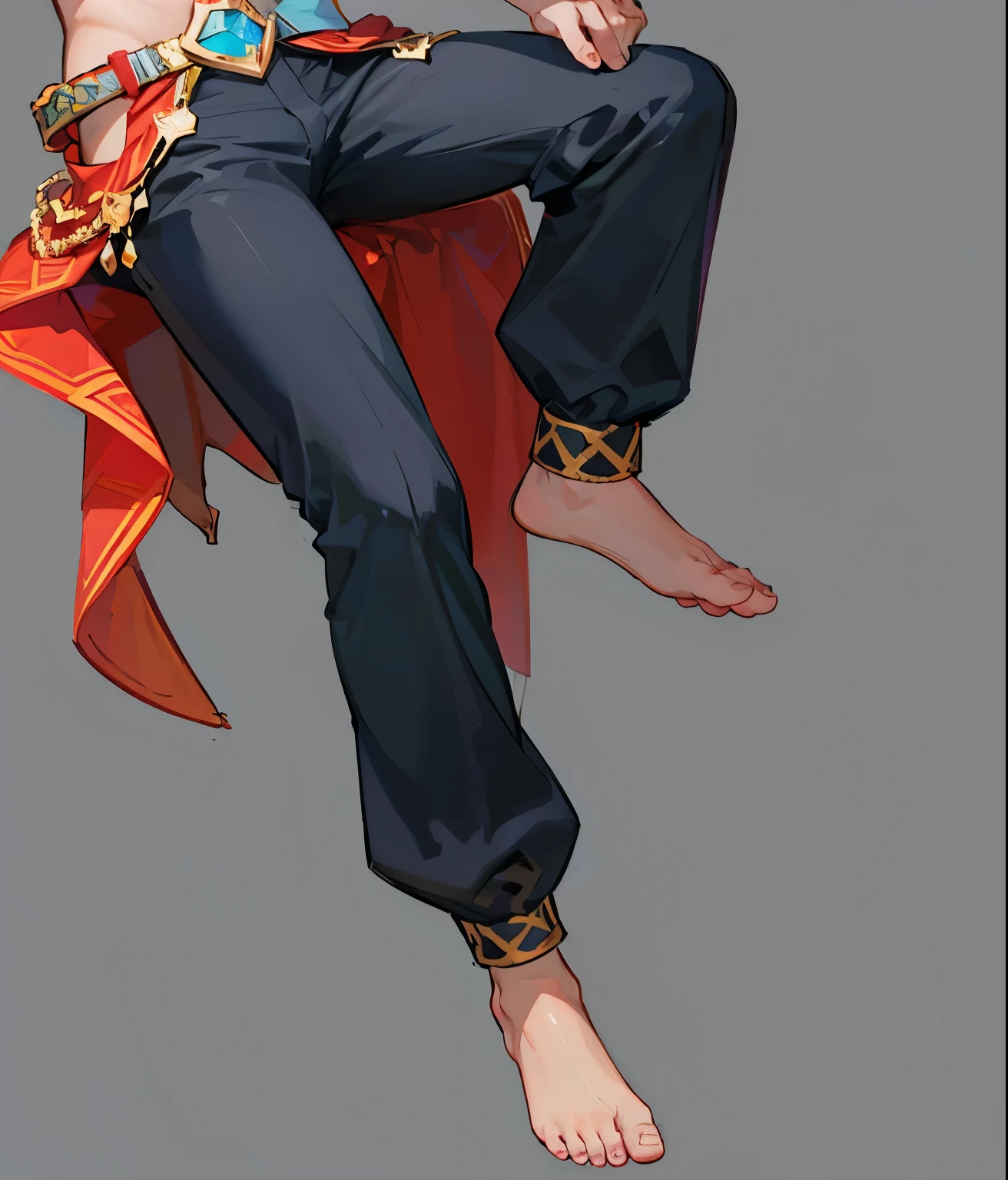 A handsome two-dimensional man, lower body,Black Pants,Bare feet