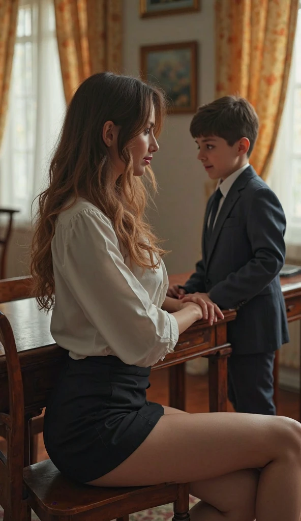 (Best quality,4K,8k,high resolucion,Masterpiece:1.2),Ultra-detailed,(Realstic,photoreallistic,photo-realistic:1.37),teacher in stocking and Black tight mini skirt  with young boy in Claas room,beautiful detailed thighs,beautiful detailed Legs in stockimg,extremely detailed eyes and face and legs,Cils longs,professionnel,couleurs vives,photographie, stocking, luz,beautiful lighting,Sourire captivant,talons hauts,Soft and elegant ambience, sur les jambes. woman sitting on the table and crossed Legs. boy stay  next to Woman legs. the boy is small. a boy is a young student . the boy next to the woman's thighs and hold thighs. ( boy is twice as tall as a woman ),  Boy is wearing suit and have .