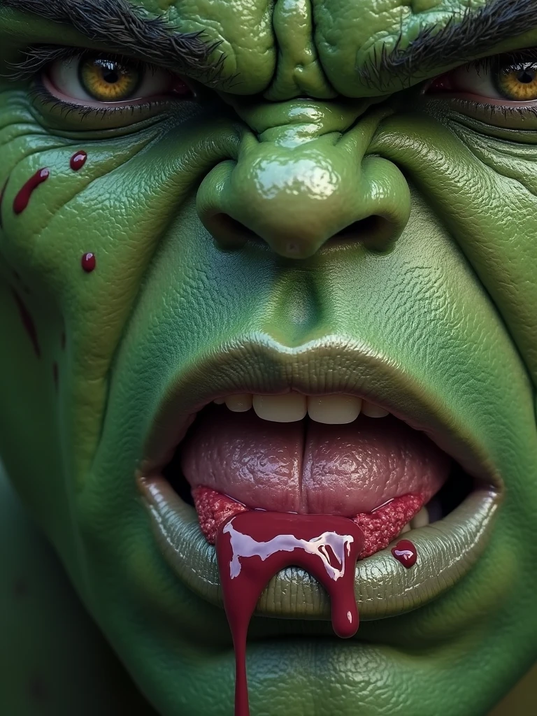 a dangerous looking man green, blood on top of a table with a demon head, in the style of giger in the hole, hyperrealism, realistic photography, dark atmosphere, realistic blood, high quality render, ultra realistic shadows, mouth open, tongue out