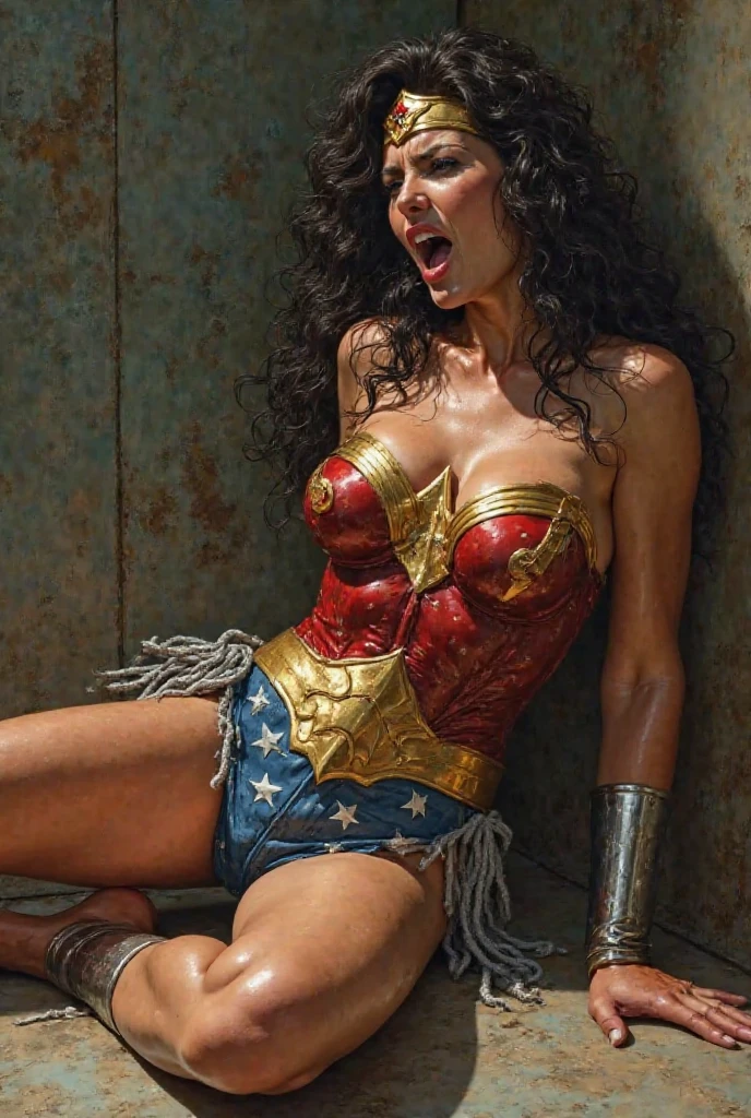 (( She's a little on her feet)) ((She is subdued by the cops. ((She is handcuffed by the thugs)), ((She is surrendered and groped by strong bandits)) (She's wearing stiletto high heels) ((Your blouse is tattered, Your mesh is tattered, his uniform is tattered, seu traje esta esfarrapado, your clothes are tattered)) sem calcinha. no-bra. ((WONDER WOMAN SUPERHEROINE)) She's sweaty all over her body. She's screaming in terror, She's terrified, She's crying a lot. ela tem cabelos escuros, ela tem cabelos compridos. (( She wore a suspension belt and Fishnet Footless pantyhose and maid's lace line. )) ((His hands are cuffed back. His ankles are bound by handcuffs with thick chains)). She screams and begs for mercy, Ela cai no choro. Wearing a thick metal necklace around the neck with a chain. ( your clothes are wet) (Sua urina escorre pelas pernas, your urine dripping on the floor. ) (Your body is scratched, ela tem hematomas pelo corpo) (she's drooling, seus olhos revirados. Usando maquiagem pesada no rosto. (Your clothes are immoral, your clothes are indecent)