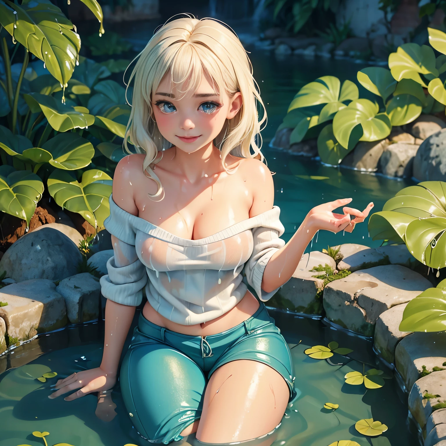 29 yo woman sitting in the water, layered clothing, (pullover), (off the shoulder), (cotton pants), bright clothes, glistening wet, closeup fantasy with water magic, beautiful maiden, slim body, chilly, cold water pond, sunlight, smile, wearing clothes made of water, realistic oil painting, dripping wet, in water up to her shoulders, winter clothes, beautiful realistic photo, nymph in the water, hyperrealist portrait in a river, hyperrealistic fantasy photo, splashing, realistic fantasy painting, cute shot, narrow depth of field, 8k, ((drenched)), ((soaked)), ((dripping water)), ((goosebumps)), cool, muted tones, bare horizons, dripping oil, heavy clothes, soaked in oil, wet all over, wet dripping hair, varied poses, wet hair