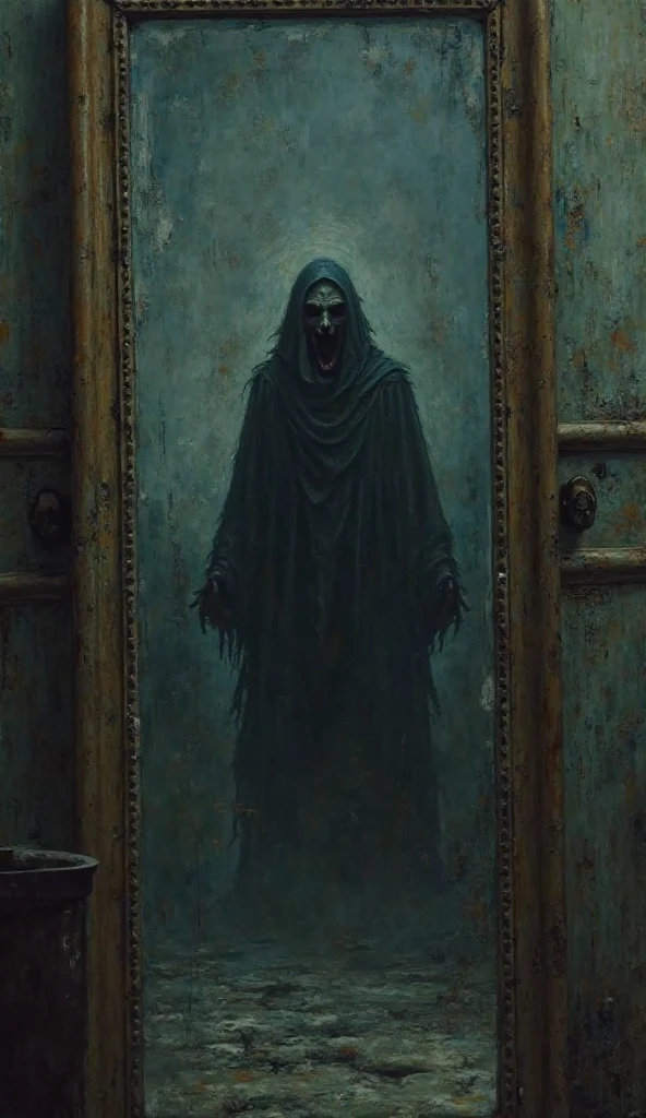 Dark room, picture of the grim reaper on the wall,
