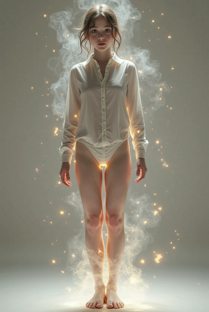 emaciated naked body.very thin skinny girl. fabulously long thin legs in heels. flies above the ground. in the illuminated bedroom flies. aura of magic around the body glow. face is scared. covers her chest with her hands.