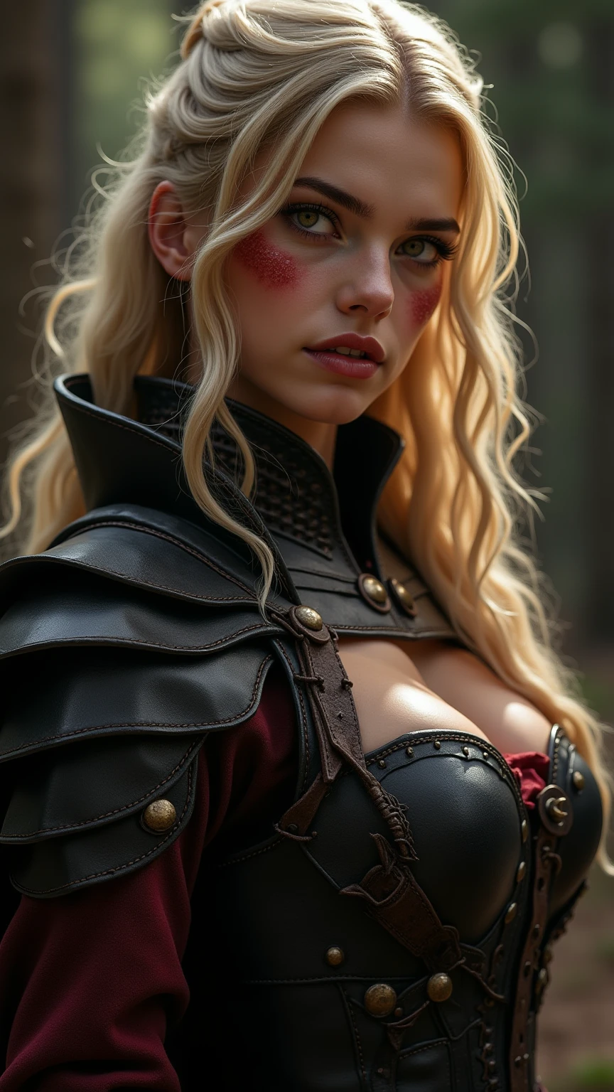"Complete art masterpiece, high quality, ultra detailed in 4k, 8k, high resolution, hyper-realistic photo, hyper-detailed, realistic skin texture, amazing shadows, extremely detailed texture, perfect lighting, high-level image quality." A female vampirehunter, Fair skin, blond hair, eyes outlined, face outlined, bracelet, Full body, Nice leather clothes, victorian city on back, night, dark, blood on clothes