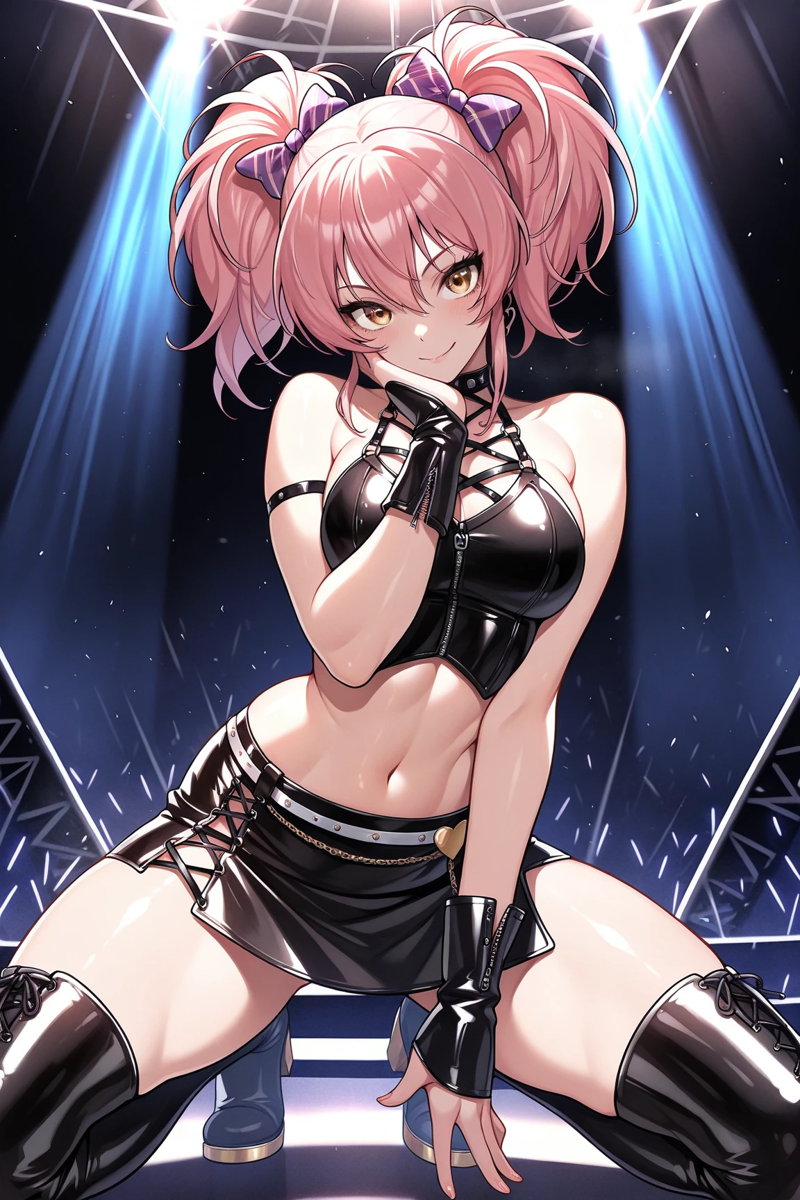 1 chubby shemale with short pink hair wearing a shemale outfit, thigh-high socks, sweat-soaked, squatting with legs spread, drooling, squirting, cum-covered, crying expression, in distress, sharp tentacle restraints, collar, riding position, fellatio, from below, 4k, cream pie, armpit, big tits, blow job, skirt