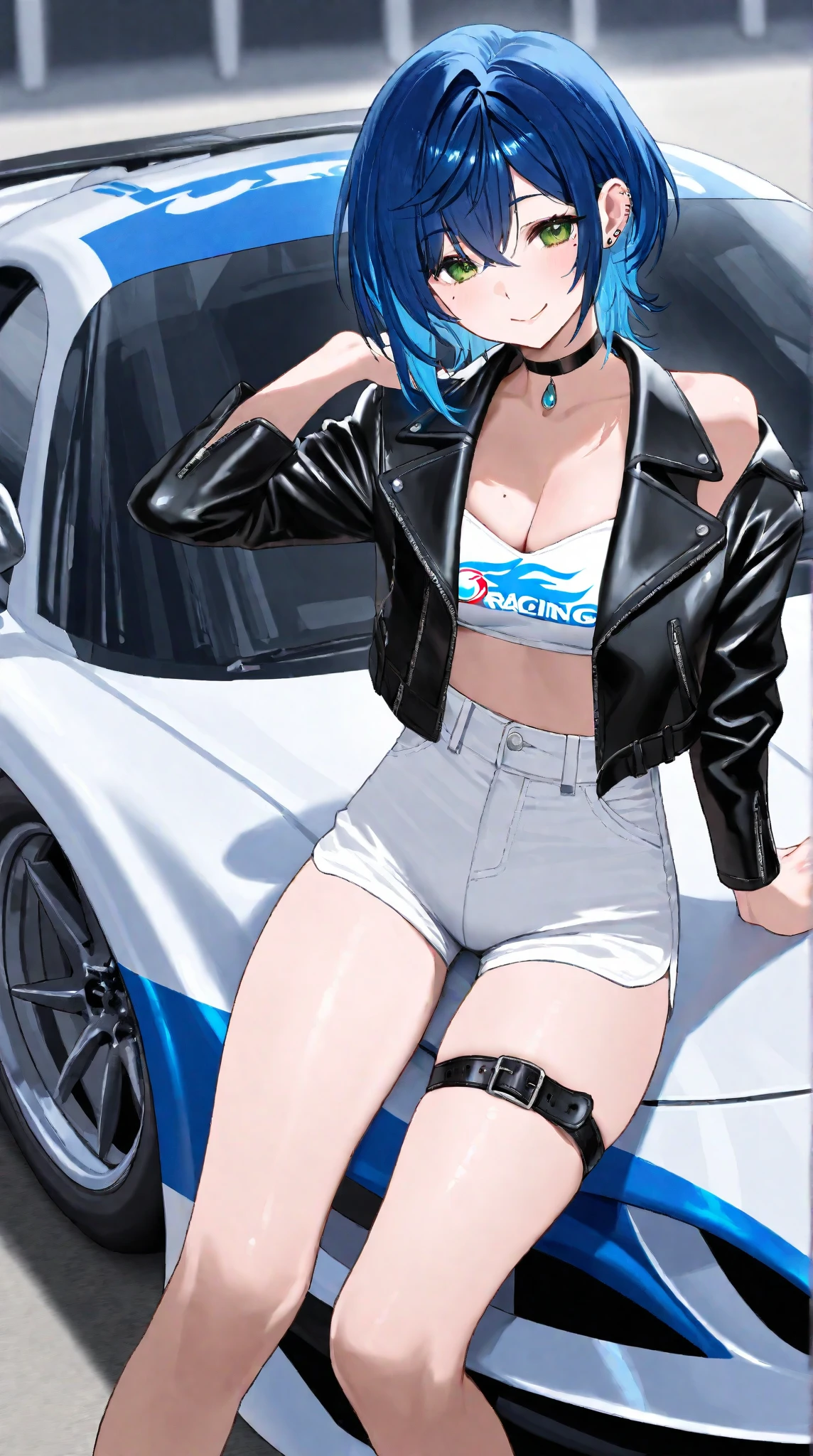 best quality, masterpiece, solo, {st louis_azurlane:1.15}, blue hair, bangs, sidelocks, breasts, large breasts, side ponytail, blush, long hair, cleavage, purple eyes, hair ornament, smile, hair between eyes, jewelry, pink eyes, 1girl, backless dress, backless outfit, bare shoulders, car, dress, evening gown, ground vehicle, halter dress, halterneck, motor vehicle, necklace, plunging neckline, revealing clothes, silver dress, earrings, grey dress, hairclip, looking at viewer, sitting, thighs, parted lips, car interior, nail polish, (abs:1.2), (muscular:1.4)