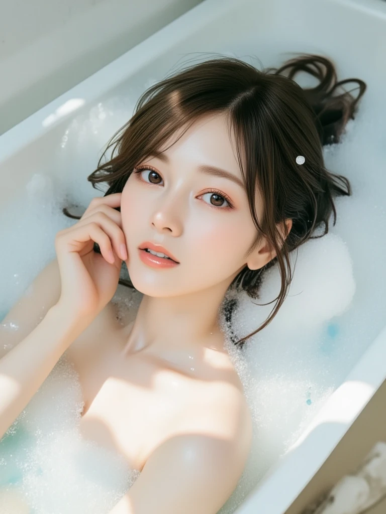 photography of a brightly sangmi nam who is korean actress,masterpiece,photorealistic,analog,realism,korean idol,slim leg, long_brown_hair,1 girl, very bright backlighting, solo, {beautiful and detailed eyes},large breasts,calm expression, natural and soft light, hair blown by the breeze, delicate facial features, Blunt bangs, beautiful korean girl, eye smile, very small earrings, 22yo, ((model pose)), Glamor body type,(half red and half brown hair:1.2), flim grain, realhands, masterpiece, Best Quality, photorealistic, ultra-detailed, finely detailed, high resolution,brown messy hair, perfect dynamic composition, beautiful detailed eyes,Korean girl,((nervous and embarrassed)),sharp-focus, beautymix, FilmGirl,long hair,(smile),(hair in an updo:1.3),(You must be soaking in a bubble bath in Luxurious bathroom:1.5)