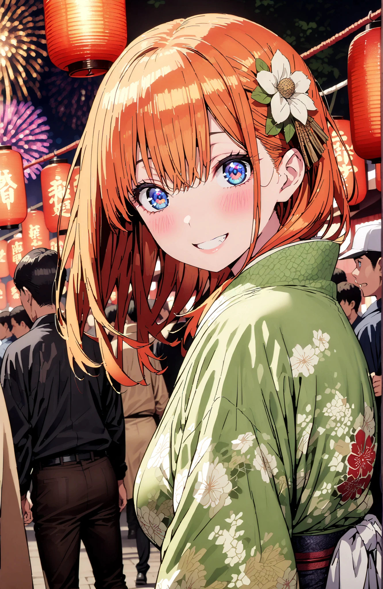 中野四葉, bungs, solo,blue eyes, o, orange hair that gets down to the knee, Eyebrows hidden by hair, Side Lock,flower hair ornament,Nape,Big Breasts,Green floral kimono,Light up fireworks,turns around,smile,cover,grinning,standing,Japanese festival stall night,Red Lantern,crowd,full bodyがイラストに入るように,break outdoors, Japanese Festival,
break looking at viewer,full body,
break (masterpiece:1.2), BEST QUALITY, high resolution, Unity 8Kの壁紙, ( illustration :0.8), (beautiful detailed eyes:1.6), very detailed face, PERFECT LIGHTING, highly detailed CG, (perfect hand, Perfect Anatomy),