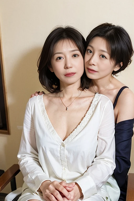Only two characters、The character is the mother(Japan Beautiful Mature Woman、amazingly large breasts、Amazing appeal、35 years)and boy(Johnny's、15year old)only、best of quality、Super-High Resolution、(photo- realistic:1.4)、Boy hugged by his mother、Boy looks at his mother's breasts