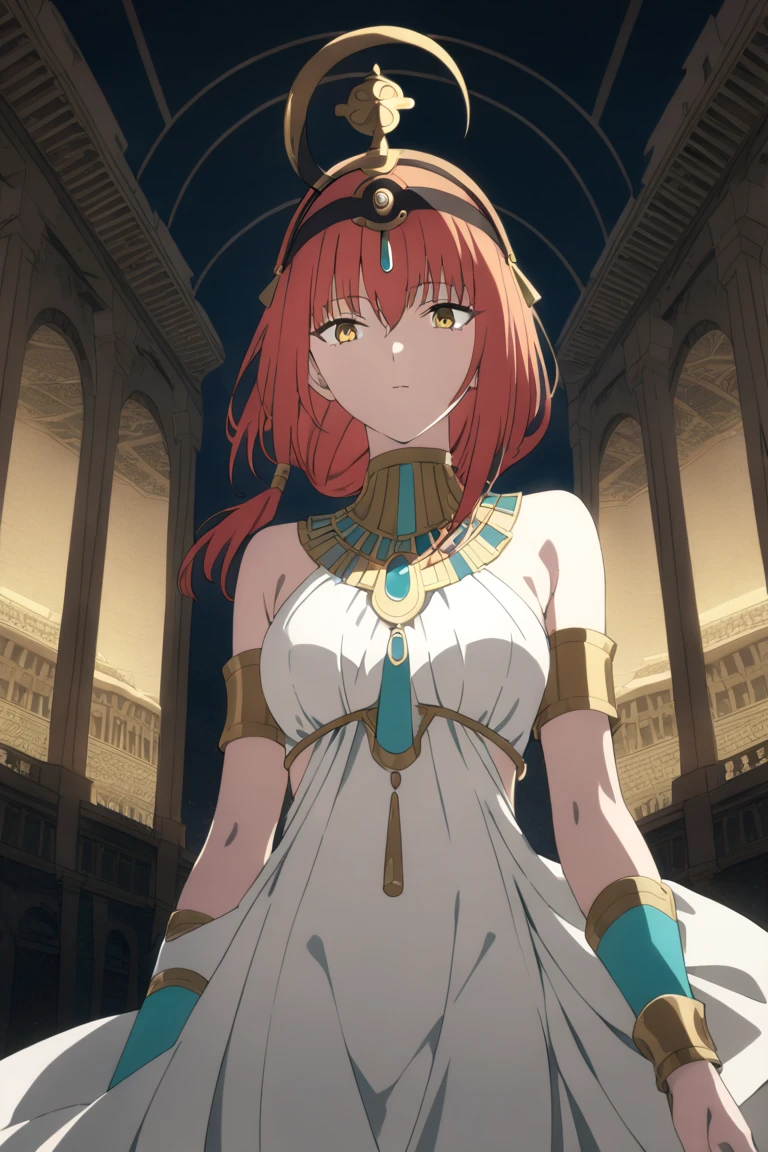 Makima from Chainsaw Man, dressed as an elegant ancient Egyptian princess, white linen dress with gold embroidery, gold and turquoise jewelry, wide Egyptian collar necklace, Eye of Horus headpiece, golden arm cuffs, braided red hair with gold threads, Egyptian palace background, dramatic lighting, ultra-detailed, high-resolution, cinematic fantasy anime style